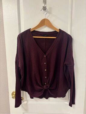 Urban Outfitters Out From Under Jojo Oversized Thermal Button-Front Top Burgundy